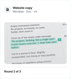 Website copy for Meridian, doc v4: a highlighted passage with a numbered comment pinned to it. Round 2 of 3.