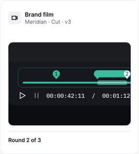 Brand film for Meridian, cut v3: two comments pinned to the timeline, one on a single frame and one across a range. Round 2 of 3.