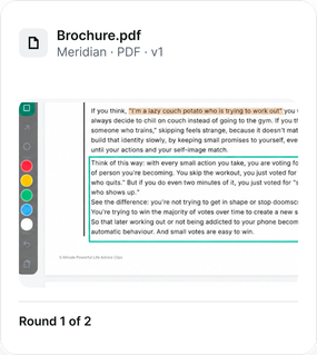 Brochure PDF for Meridian, v1: a highlighted phrase and a boxed passage, with the drawing tools beside the page. Round 1 of 2.