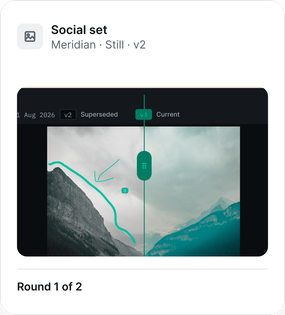 Social set for Meridian, still v2: the superseded and current versions compared with a slider, and a drawing on the image. Round 1 of 2.