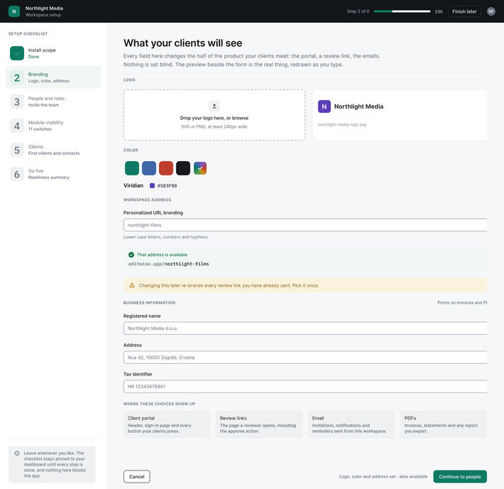 Example workspace for Northlight Media: the branding step of the setup checklist, with the logo, brand color and workspace address already filled in from the agency's website.