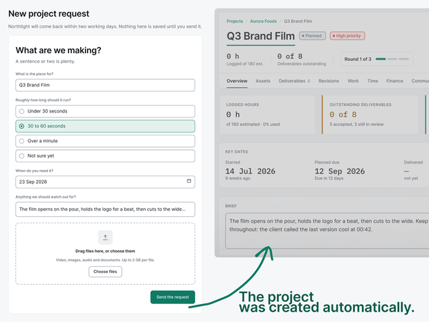 A request form as the client fills it in, and the project EditWise created from it automatically: Q3 Brand Film, with its brief and dates.