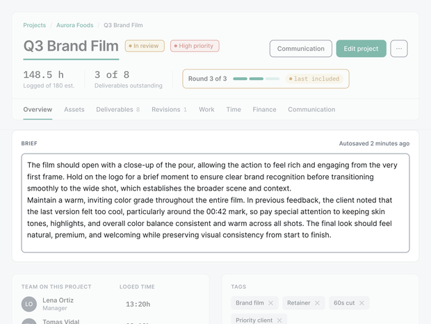 A project's brief in EditWise, with the client's answers where the whole team can read them.