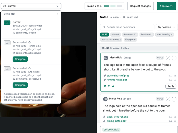 The versions of a cut in EditWise: v3 current, with v1 and v2 kept as superseded versions, each with its comments and a Compare button.