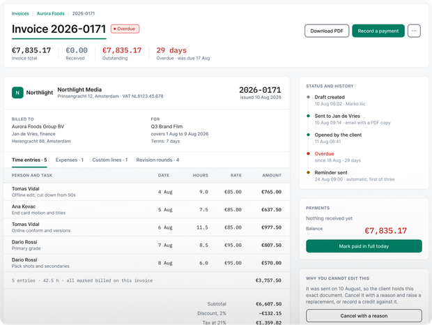 An invoice in EditWise built from delivered and approved work, line by line.