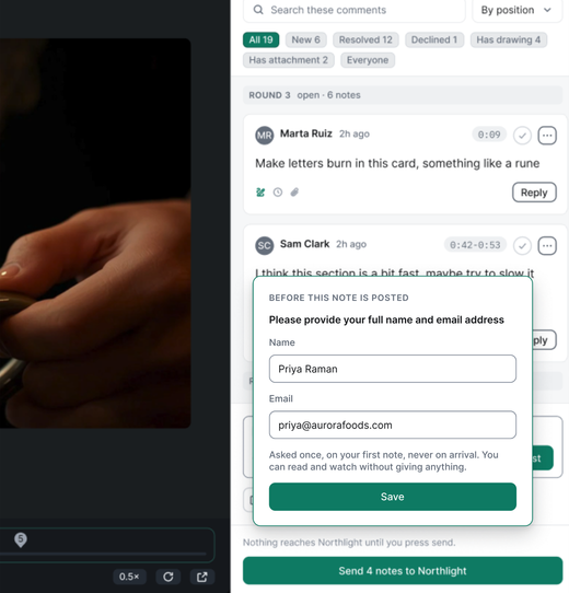 Example workspace: a client reviewing a cut from a review link. Before the first note is posted, the client types a name and an email address. There is no account and no password.