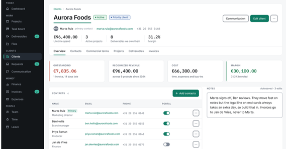 An EditWise client record on day one: Aurora Foods with contacts, revenue, cost and margin already filled in.