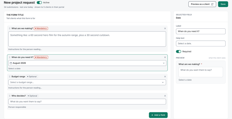 The form builder in EditWise: a New project request form with its questions, the date question set to required, and the form shown to five clients in their portal.