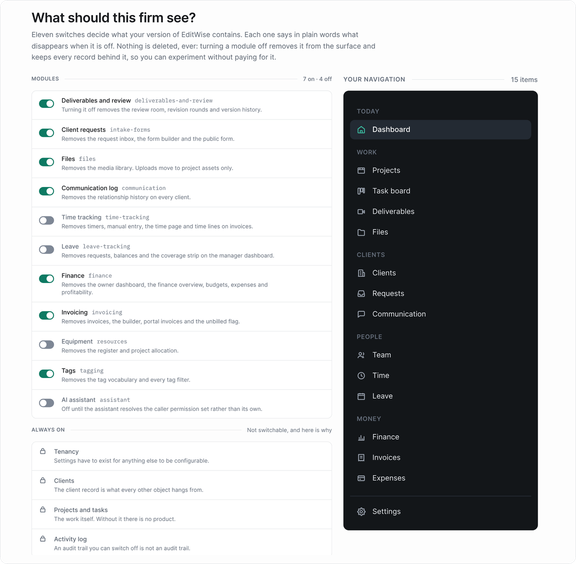 The module switches in EditWise: each part of the product, such as time tracking, leave or equipment, can be switched off, beside a preview of the menu the firm will see.