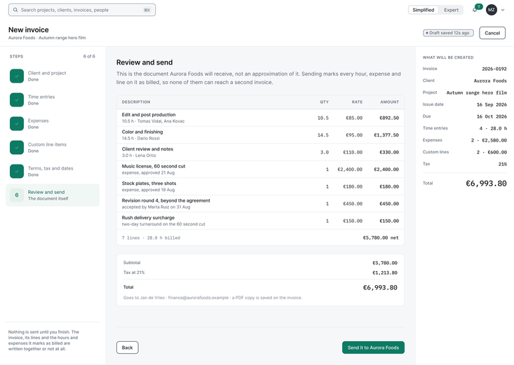 A new invoice for Aurora Foods, built from approved time, expenses and line items, ready to review and send.