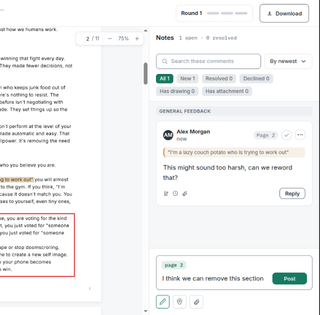 Example workspace: a client's view of a document review, with a comment on a highlighted sentence, an area marked on the page and a new comment being written for page 2.