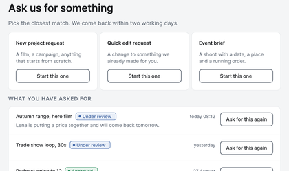The client's portal: Ask us for something, with three request forms (New project request, Quick edit request and Event brief) and the requests the client has already sent.