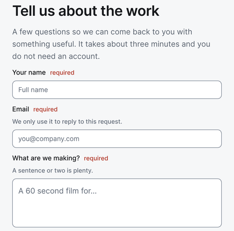 The public request form as a prospect sees it: Tell us about the work, asking for a name, an email and what they want made, with no account needed.