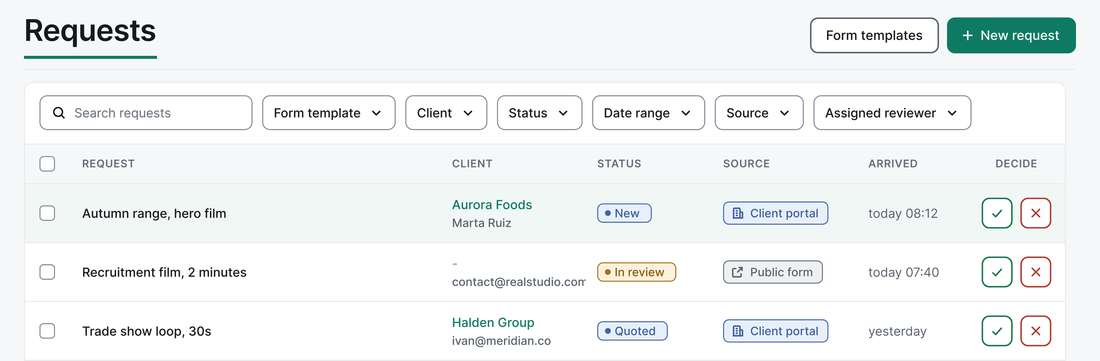 The agency's request queue in EditWise: three requests, each with its client, status, source (client portal or public form) and arrival time, and buttons to accept or decline it.
