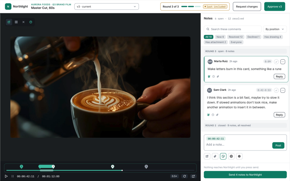 The EditWise review room: a video with timestamped client notes, round 3 of 3, and the Approve button.