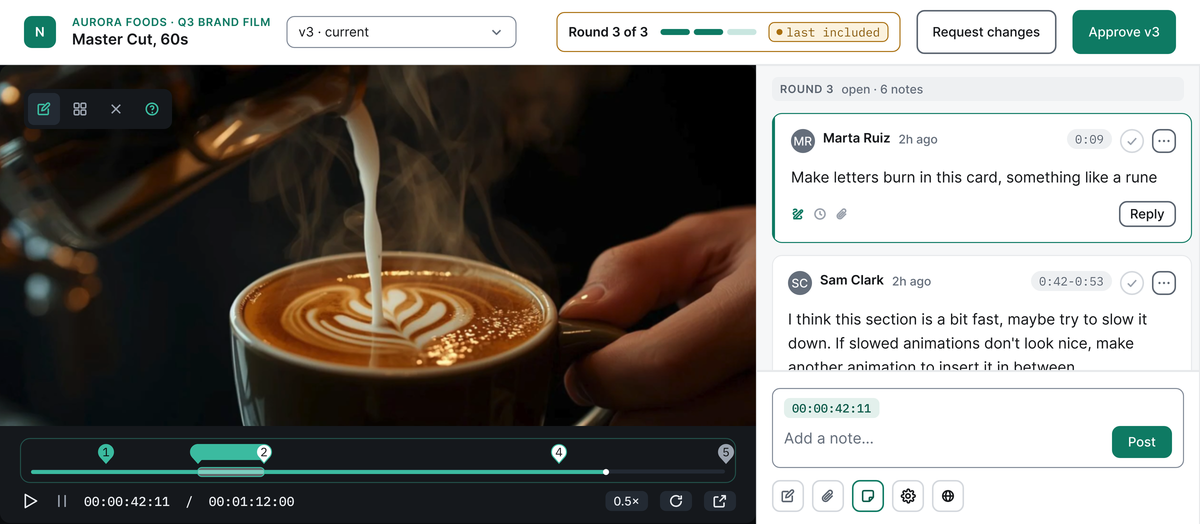A cut in the review room: the version picker on v3, Round 3 of 3, a comment at 0:09 and a range comment from 0:42 to 0:53, with their markers on the timeline.