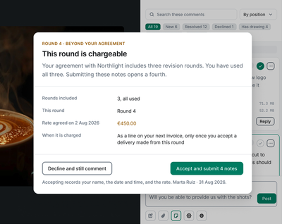 The client's view of round 4, past the agreement: three rounds included and all used, the rate agreed for the extra round, and the choice to accept and submit the notes or decline and still comment.