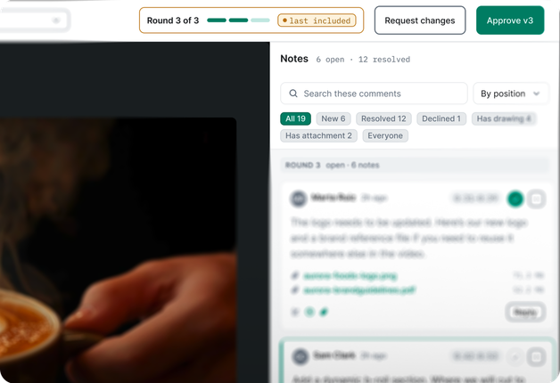 The client’s review screen: Round 3 of 3, the last round included, with Request changes, Approve v3 and the notes.