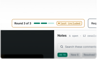 Example workspace: the client's round counter at Round 3 of 3, marked last included, above the notes.