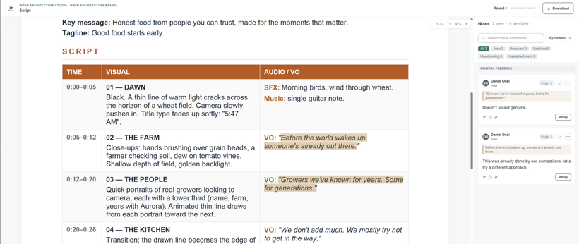 A script in the review room: the scene table with time, visual and voice-over columns, two voice-over lines highlighted, and the client's comments on them in the notes beside it.
